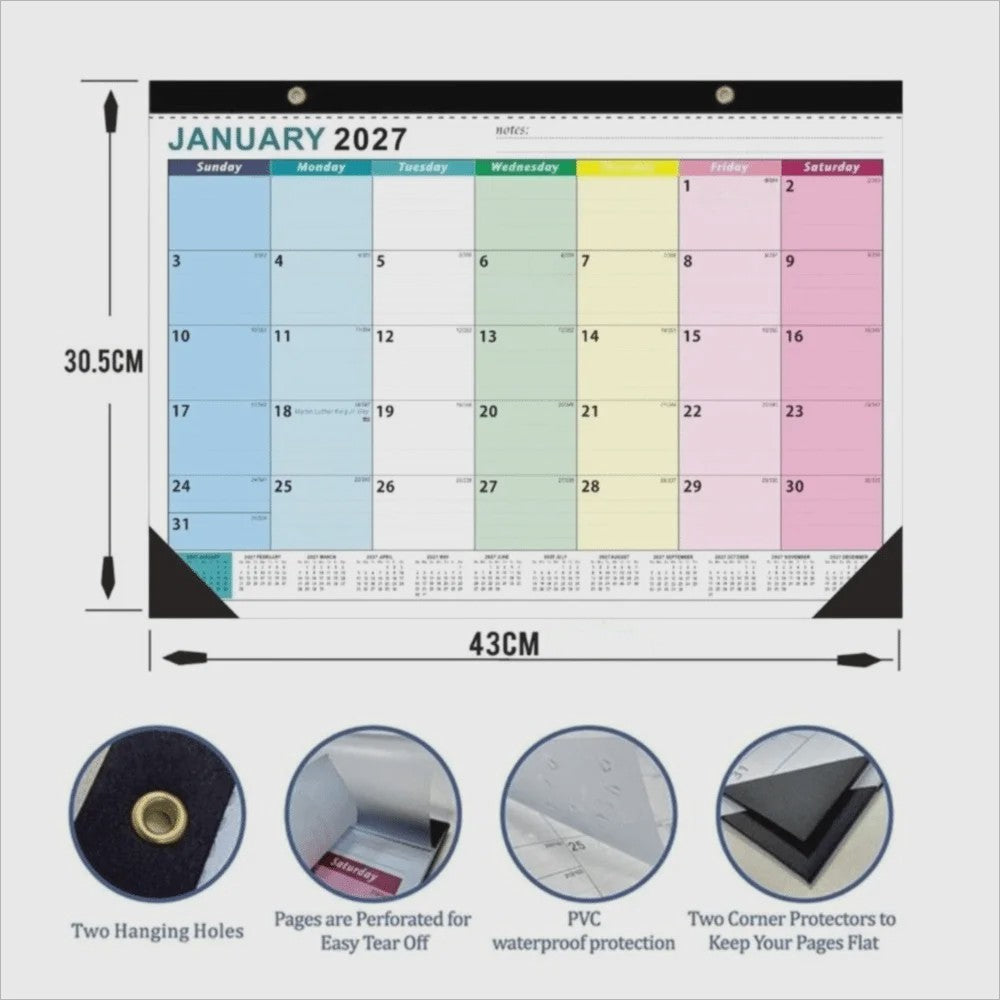 Grote Wandkalender 2027 met Dagplanning, Waterdichte Cover en Transparante Maandplanner