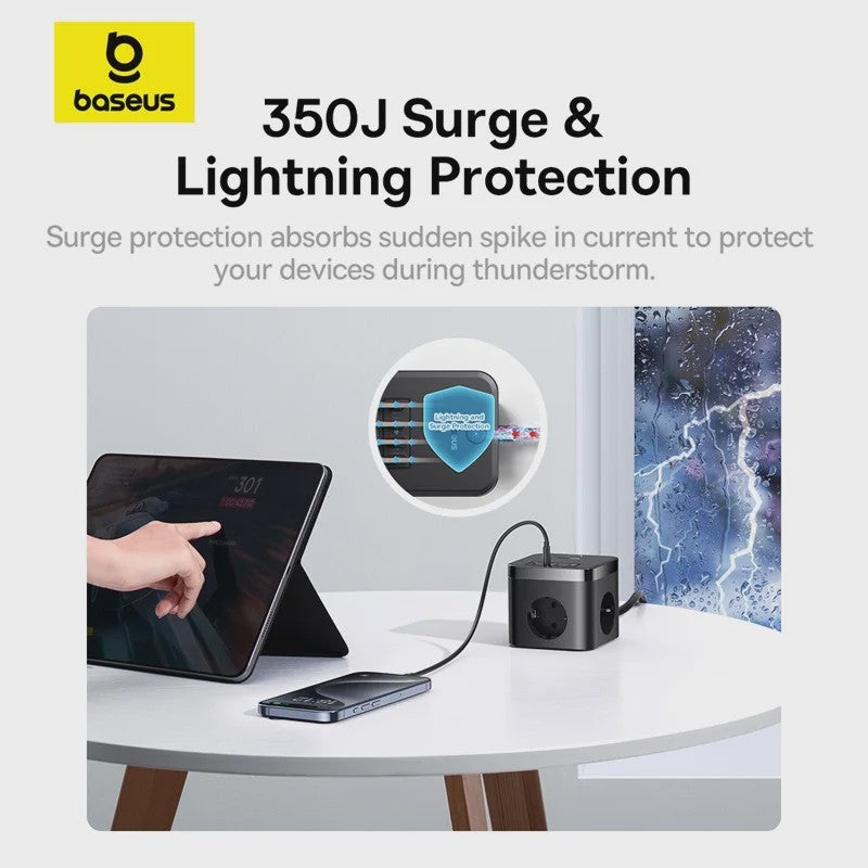 Baseus 7-in-1 GaN Power Strip: 30W Snellader met 3 Stopcontacten, 2x USB-A & 2x USB-C PD