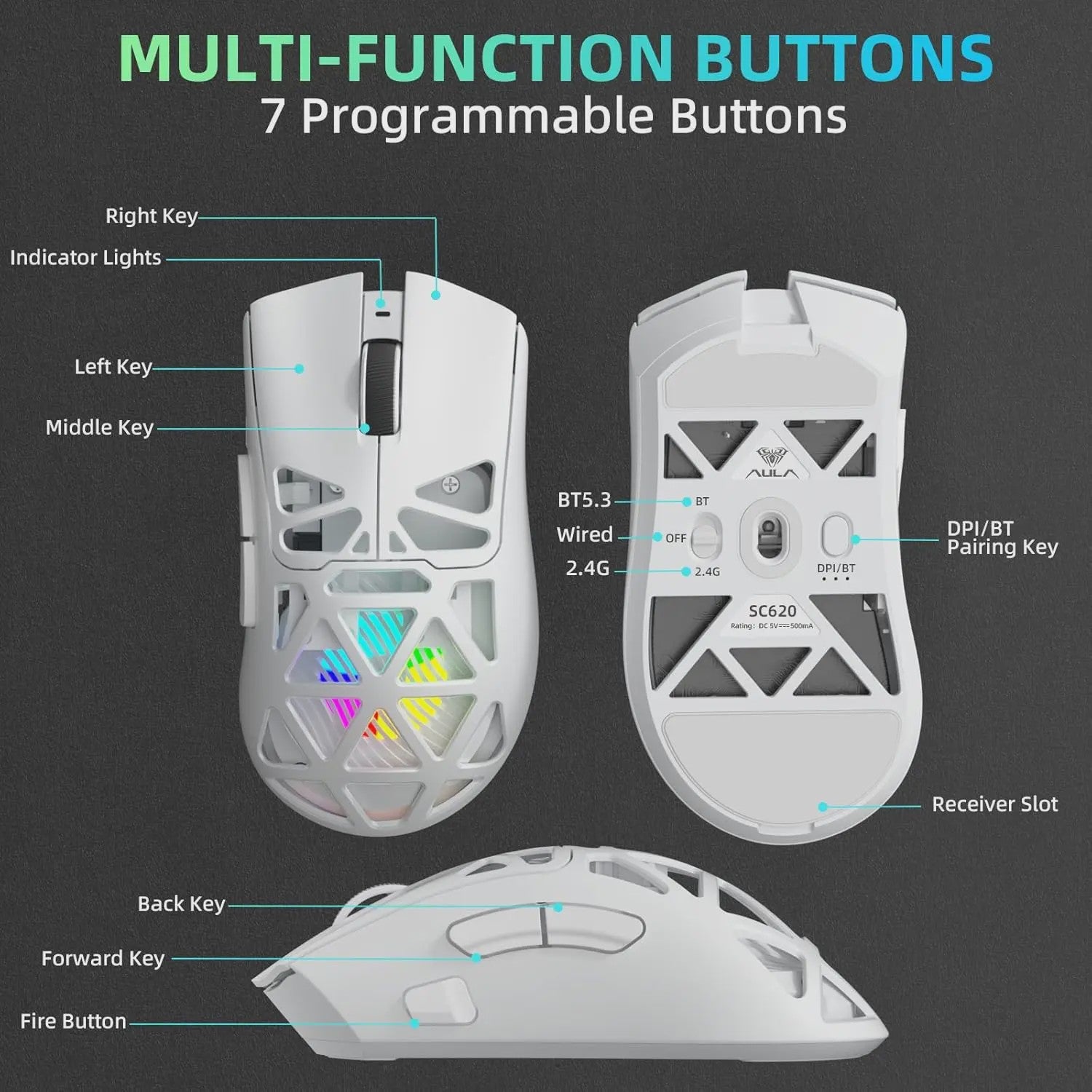 AULA SC620 Gaming Muis - Tri-Mode Connectiviteit (Wired/BT/2.4G), Lichtgewicht, 12000 DPI, PAW3311 Sensor