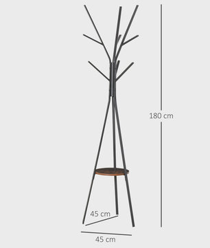 Stijlvolle Kapstok met Tripod Basis, Takken-vormige Haken & Plank - 180 cm Hoog - Bruin Metaal