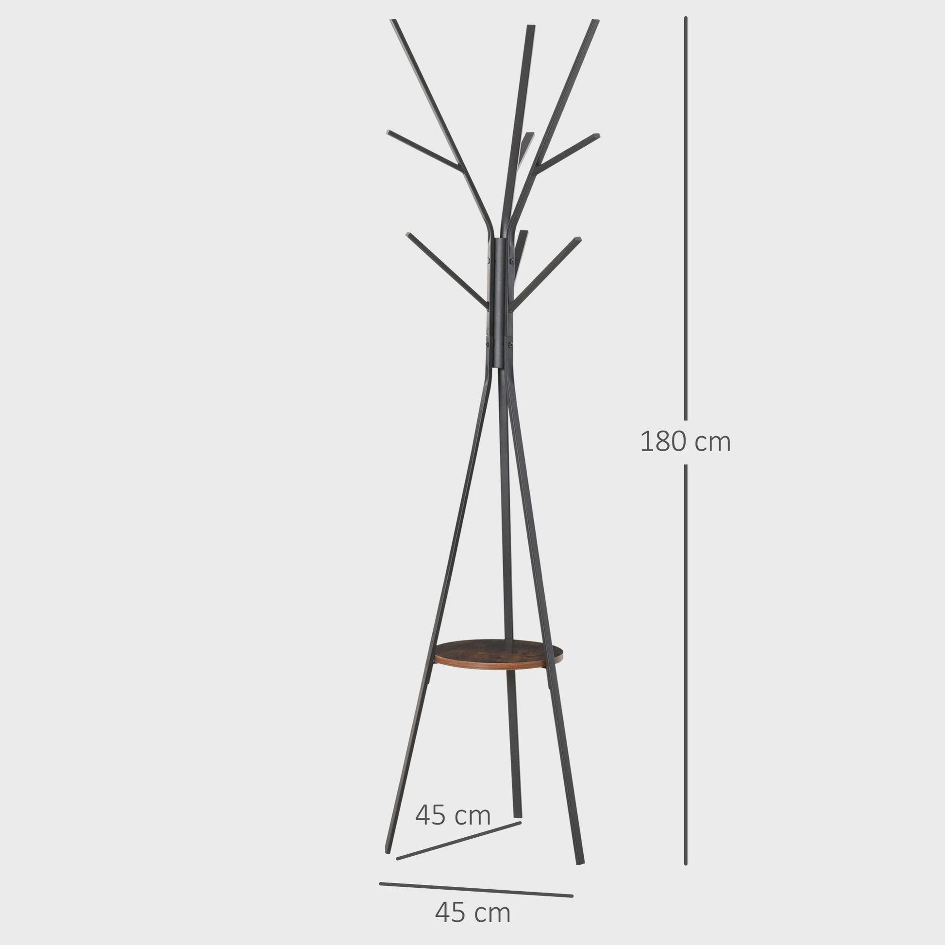 Stijlvolle Kapstok met Tripod Basis, Takken-vormige Haken & Plank - 180 cm Hoog - Bruin Metaal