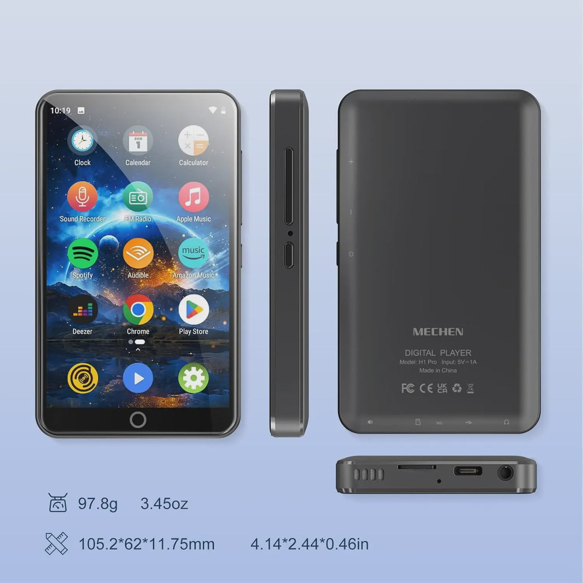 MP3 Speler met Bluetooth & WiFi: 4" Touchscreen, Android 9.0, 8-Core Processor