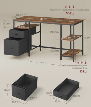 VASAGLE Bureau met 3 Planken en 2 Lades - 140x60x76 cm - Industrieel Design