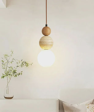 Stijlvolle Cream Wabi-Sabi Hanglamp met Hout en Natuursteen - Sfeervol Licht voor Slaapkamer of Bar