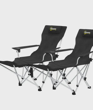 Set van 2 Zwarte Klapstoelen - Camping, Vissen, Strand - Met Voetensteun & Bekerhouder - 120kg Draagkracht