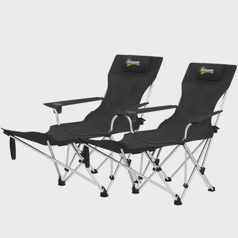 Set van 2 Zwarte Klapstoelen - Camping, Vissen, Strand - Met Voetensteun & Bekerhouder - 120kg Draagkracht