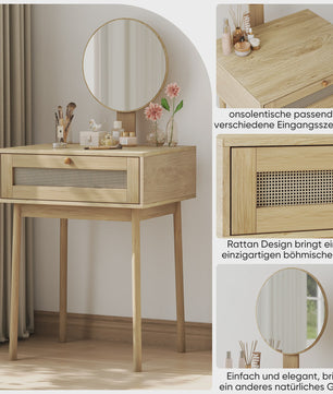Houten Make-up Tafel met Rotan Ladefront en Ronde Spiegel - Stijlvolle Kaptafel