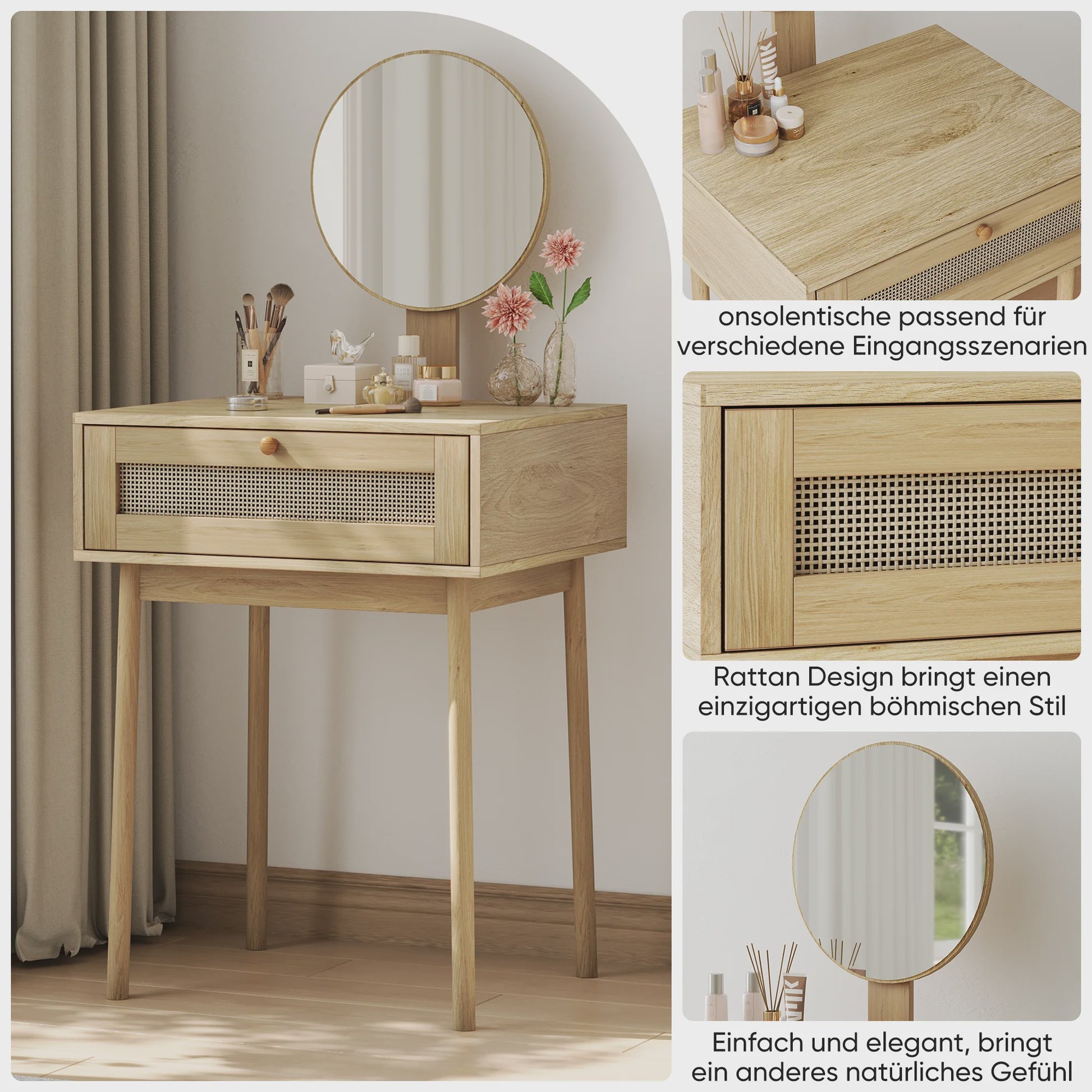 Houten Make-up Tafel met Rotan Ladefront en Ronde Spiegel - Stijlvolle Kaptafel