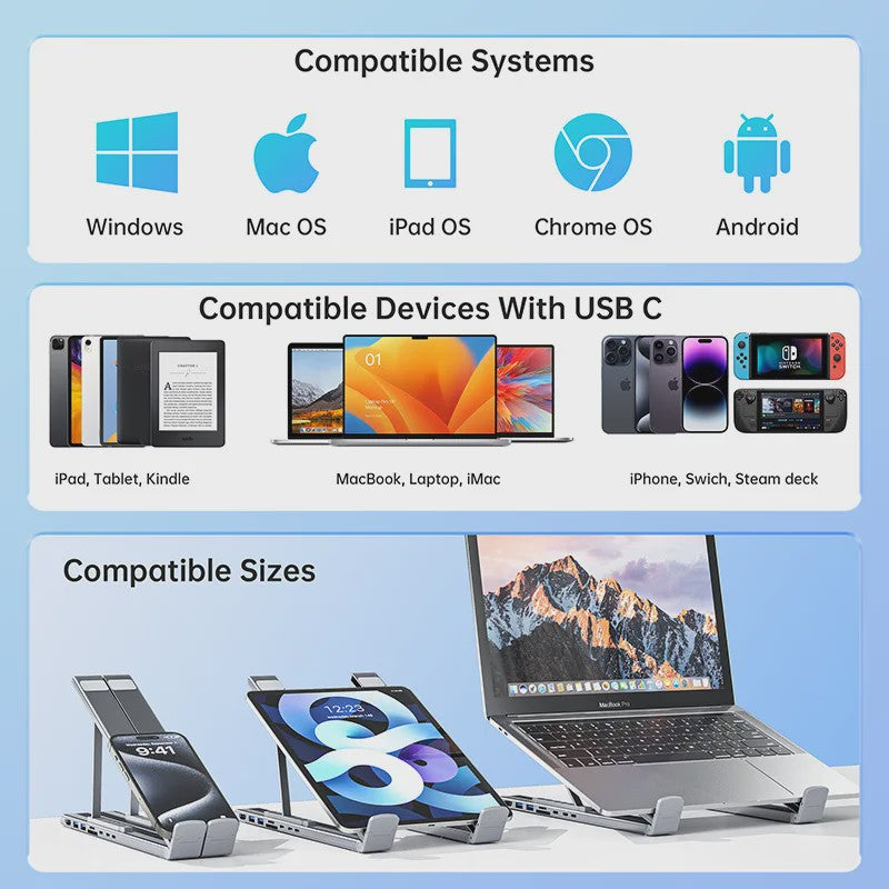 Verstelbare USB-C Laptop Stand met 7-in-1 Docking Station Hub