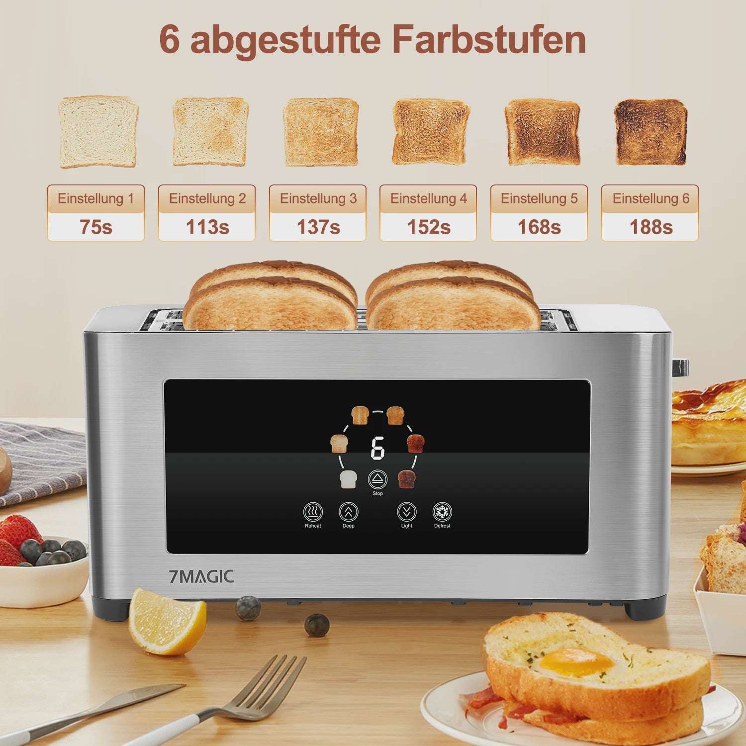 RVS Broodrooster met LCD Touch Display, 1400W, 4 Sneetjes en Broodjeshouder