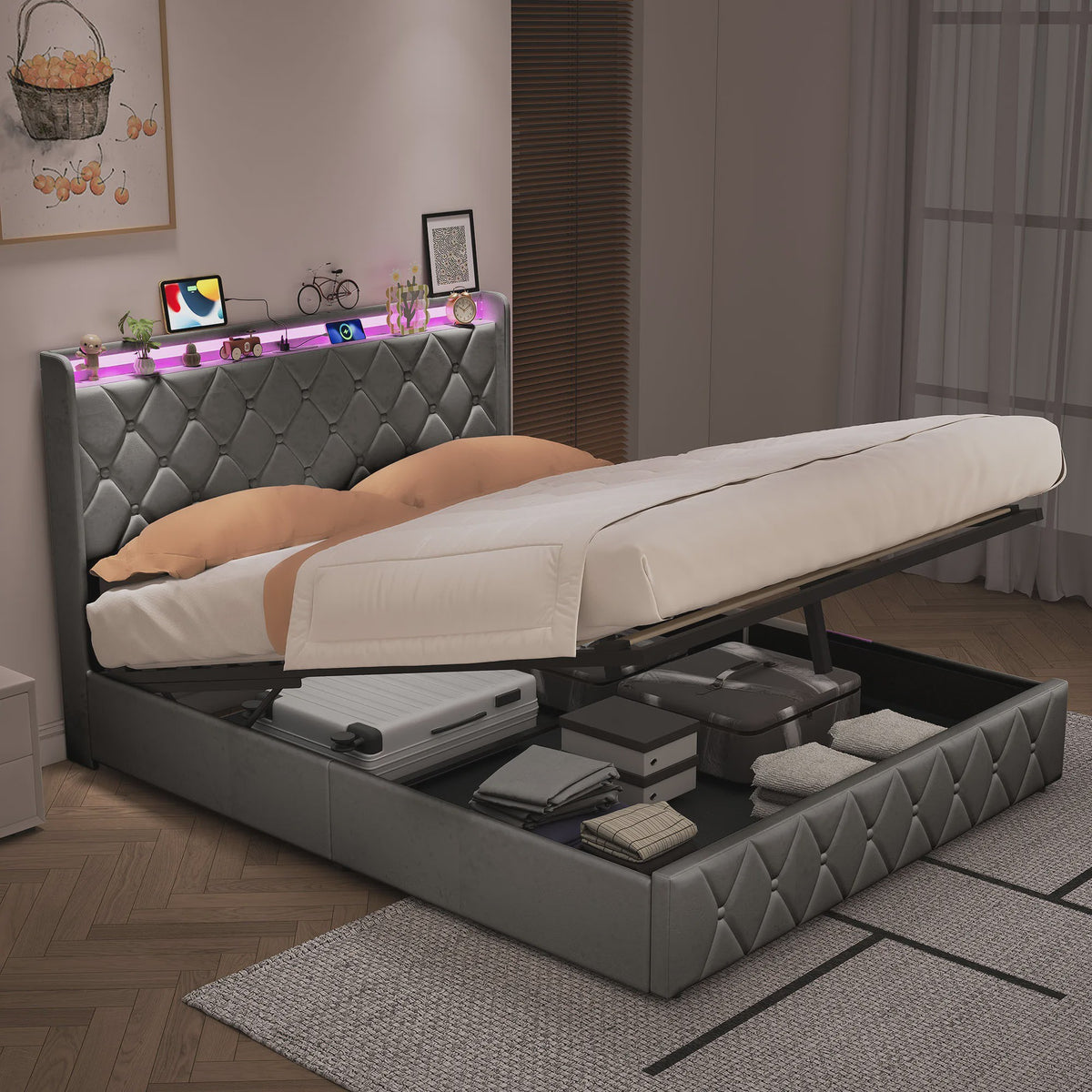 Modern Gestoffeerd Bed met Hydraulische Opbergruimte - 90x200cm of 140x200cm