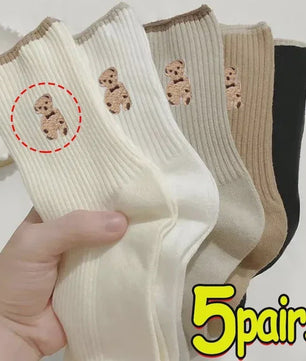Zachte Katoenen Sokken met Berenprint - 5 Paar Kawaii Sokken voor Dames - Casual Herfst/Winter Stijl