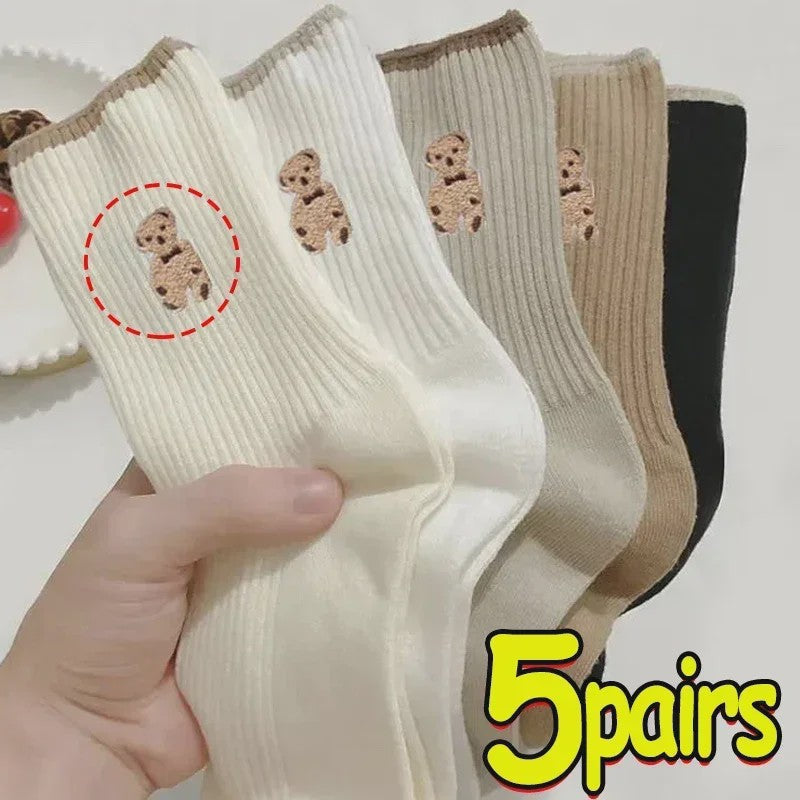 Zachte Katoenen Sokken met Berenprint - 5 Paar Kawaii Sokken voor Dames - Casual Herfst/Winter Stijl