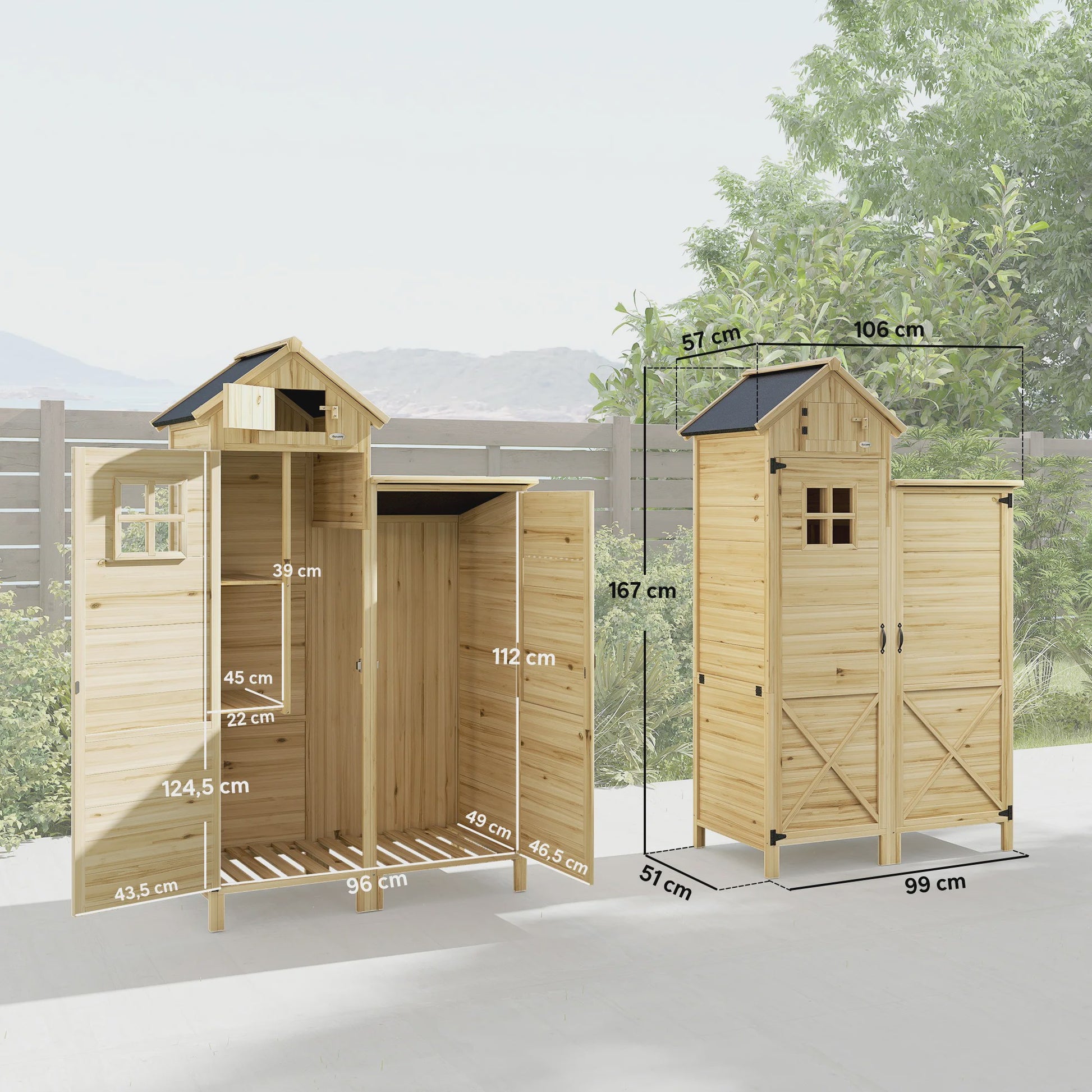 Outsunny Houten Tuinkast met Dubbele Zone en Verwijderbare Planken - 106x57x167 cm