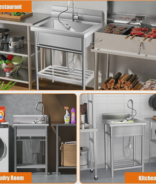 RVS Vrijstaande Spoelbak met Warm & Koud Water Kraan - Ideaal voor Keuken, Wasruimte, Badkamer