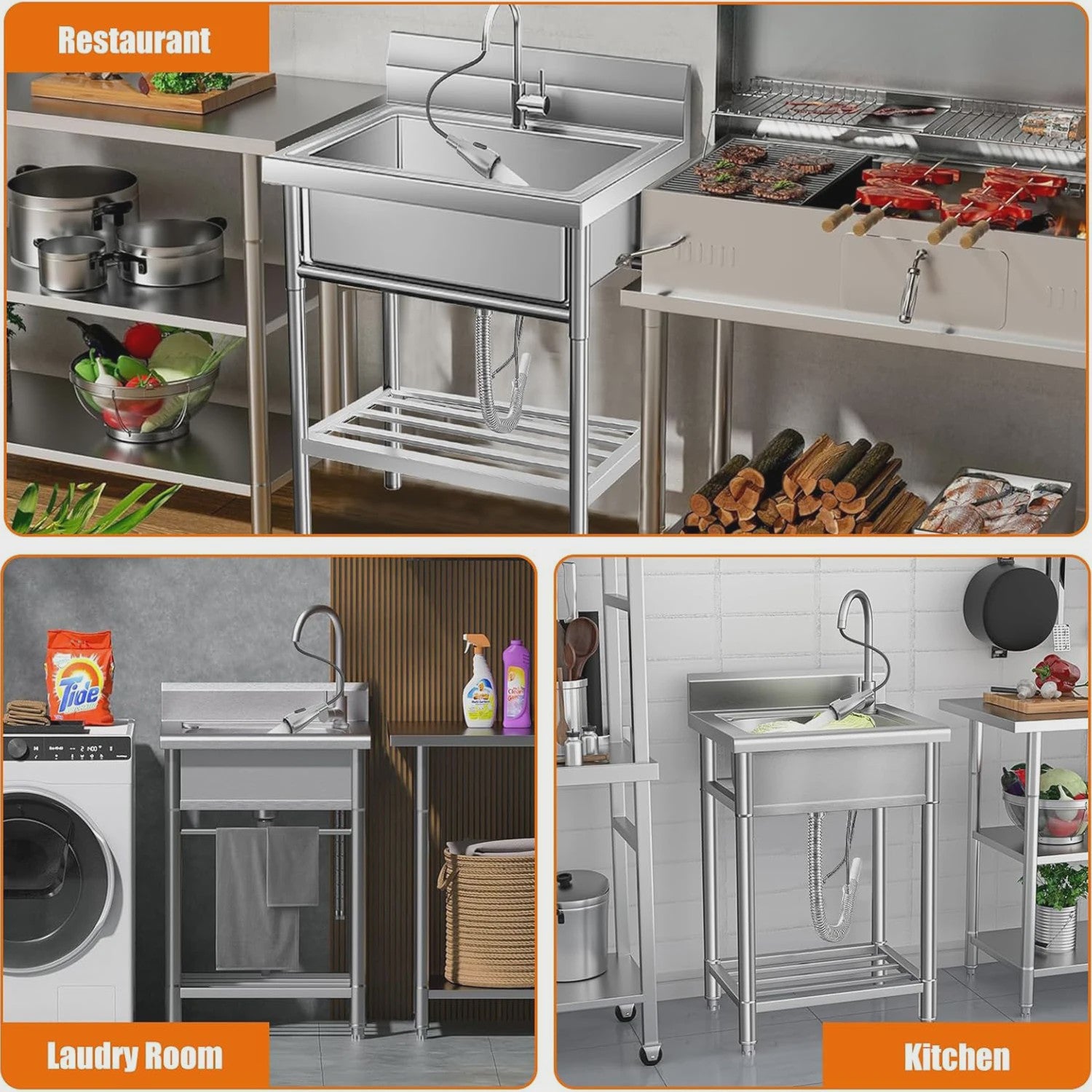 RVS Vrijstaande Spoelbak met Warm & Koud Water Kraan - Ideaal voor Keuken, Wasruimte, Badkamer