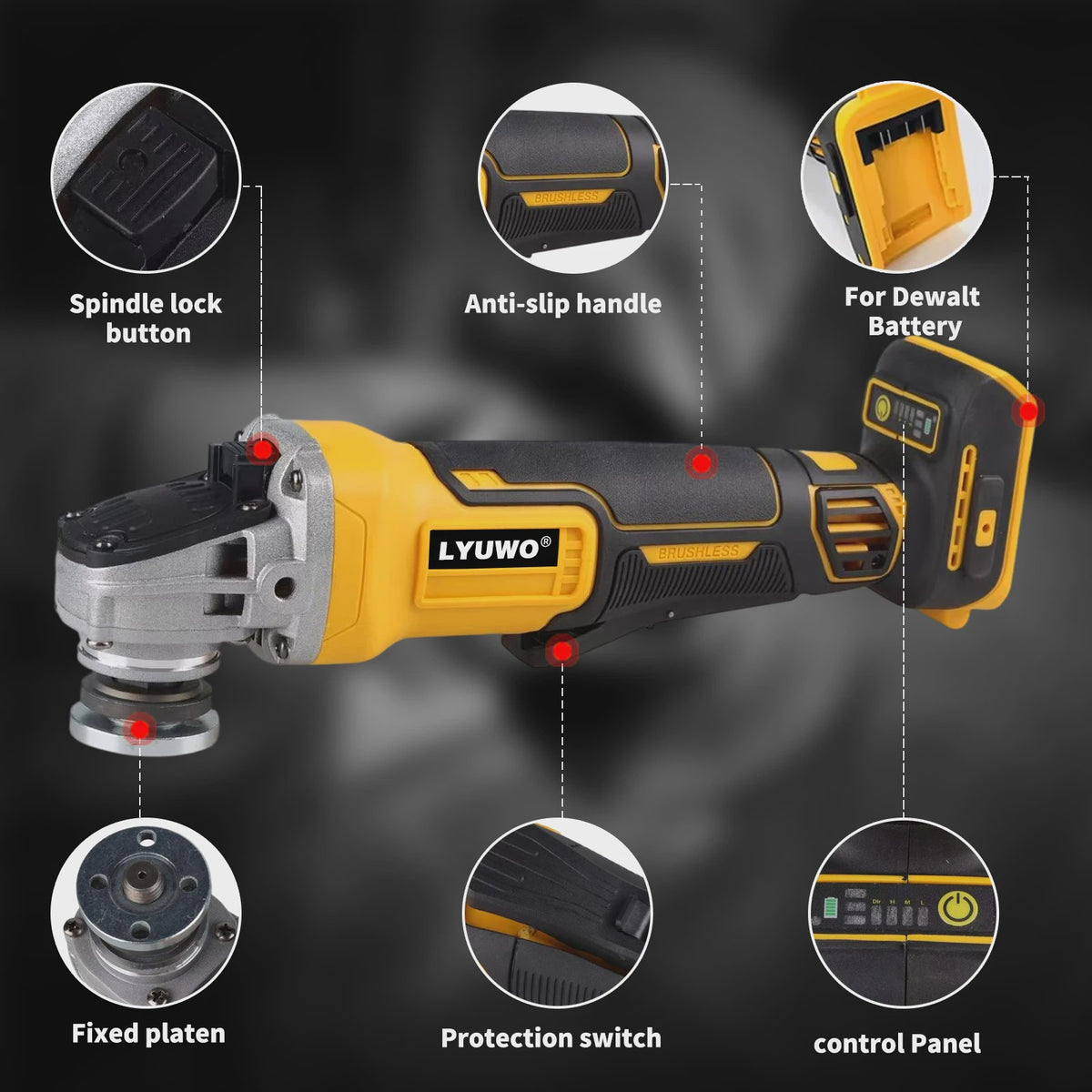 Krachtige Accu Haakse Slijper 950W - Borstelloos, 8500RPM, M14, Anti-slip Grip