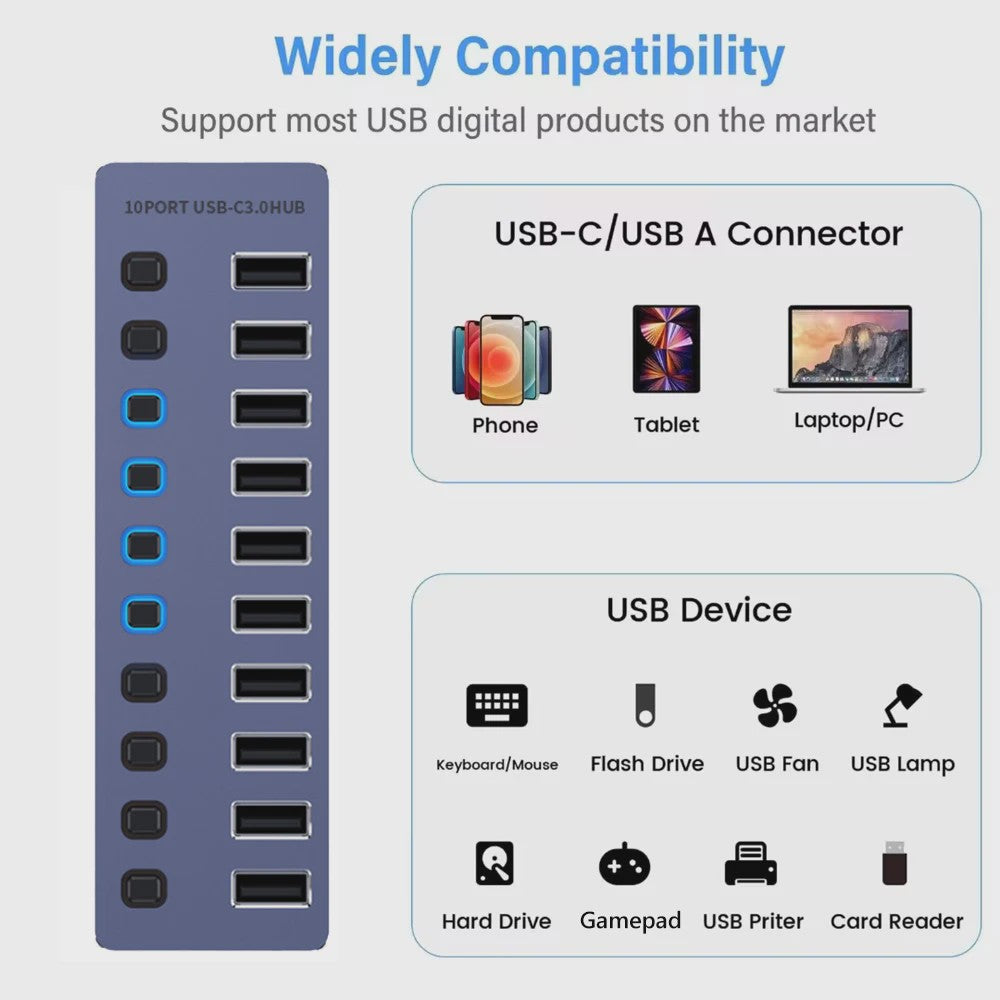 10-Poorts USB 3.0 Hub met 5Gbps Snelheid, Individuele Schakelaars en Krachtige Adapter