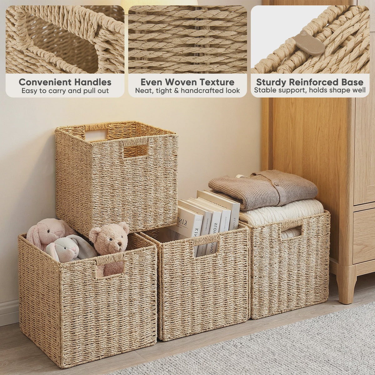 Weaving Storage Basket -4 Sets,Storage Basket Desktop Toy Cosmetics Storage Box Home Foldable Drawer Entrance Imitation