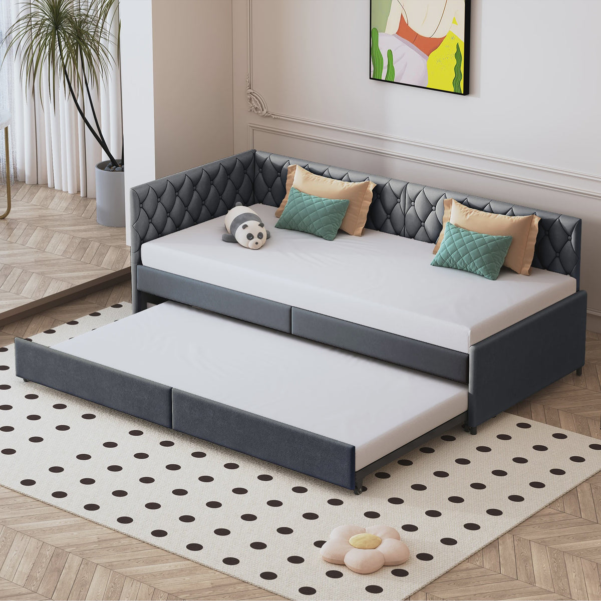 Gestoffeerd Daybed 90x200 cm met Uitschuifbaar Extra Bed - Sofa en Enkel Bed