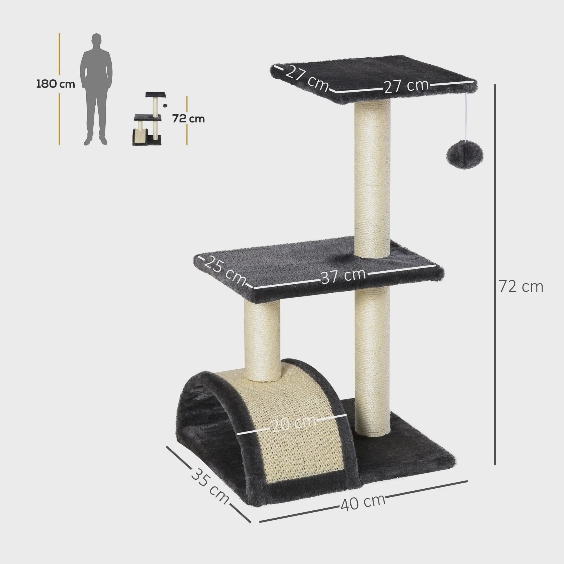 PawHut Kattentoren Krabpaal 72 cm Donkergrijs met Hangbal