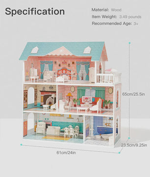 Houten Poppenhuis met Balkon - 3 Verdiepingen & 28 Accessoires - Cadeau voor Kinderen