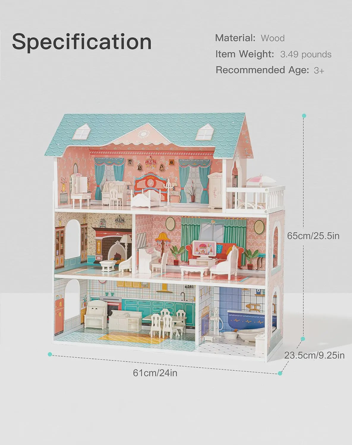 Houten Poppenhuis met Balkon - 3 Verdiepingen & 28 Accessoires - Cadeau voor Kinderen