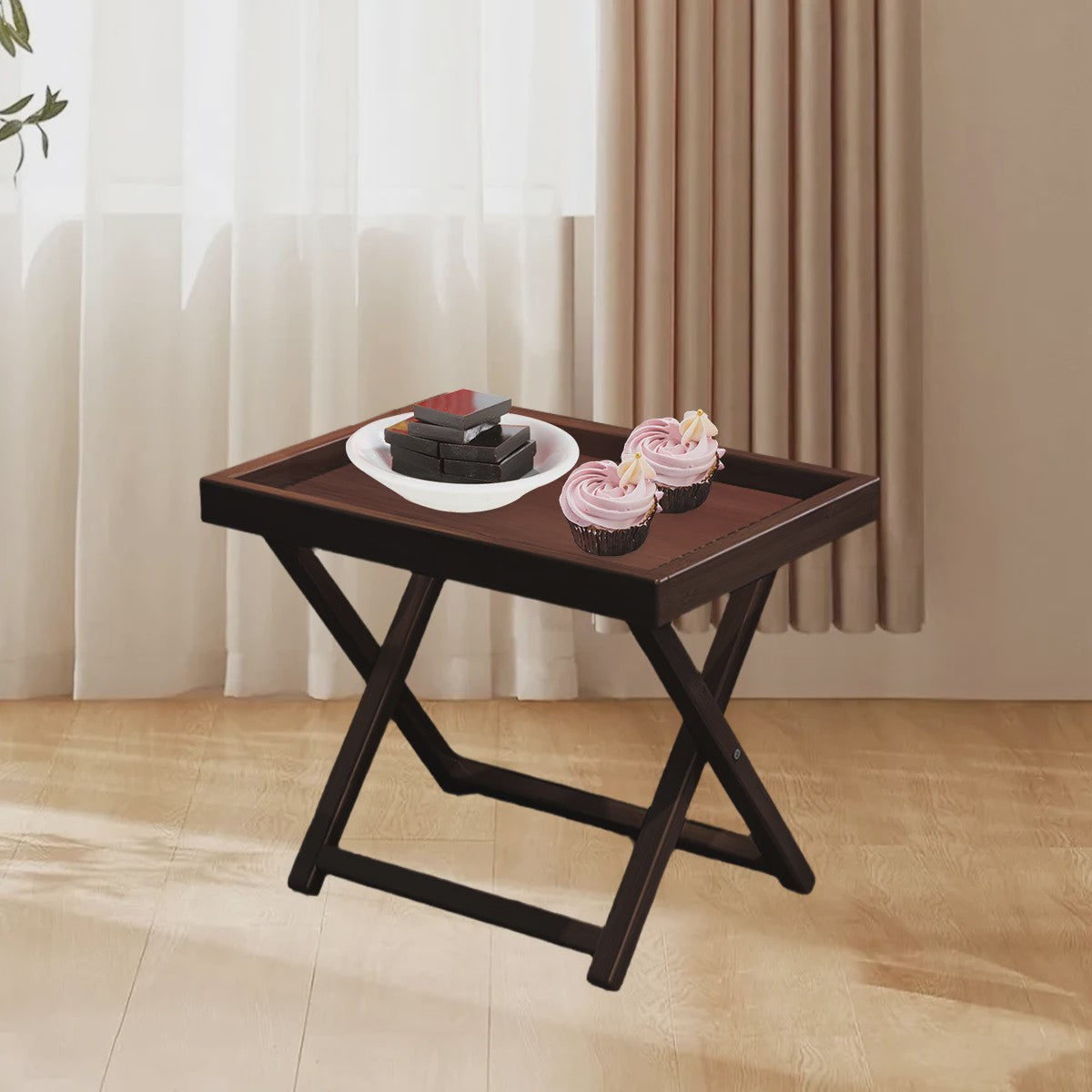 Inklapbare Bamboe bijzettafel - Theekleurig - Weerbestendig & Lichtgewicht