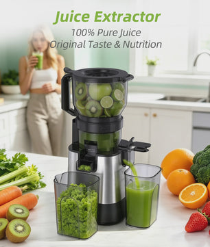 BioloMix 3-in-1 Slow Juicer: Sap, Sorbet & Notenmelk - 150mm Brede Vulopening, 300W Digitaal Display