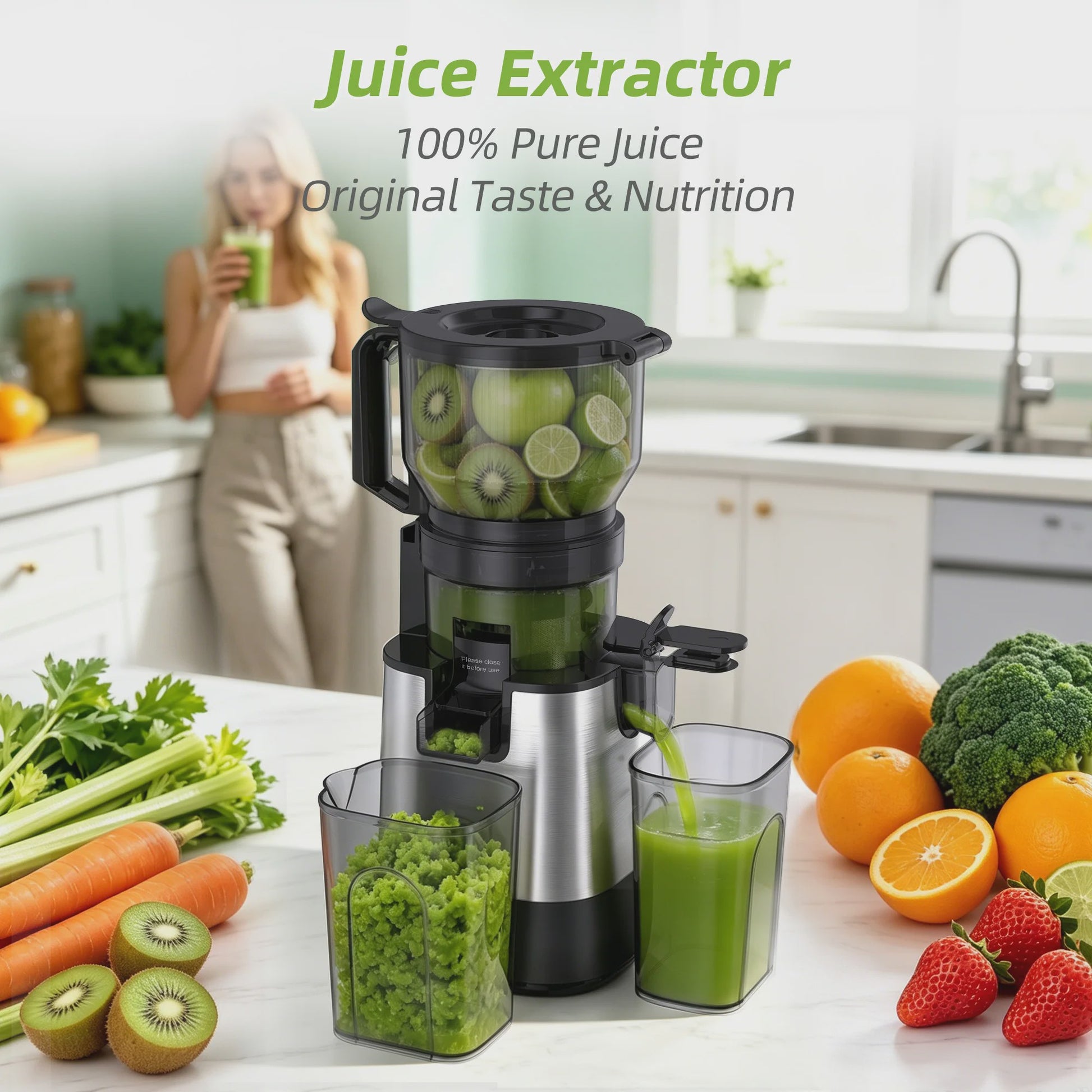 BioloMix 3-in-1 Slow Juicer: Sap, Sorbet & Notenmelk - 150mm Brede Vulopening, 300W Digitaal Display