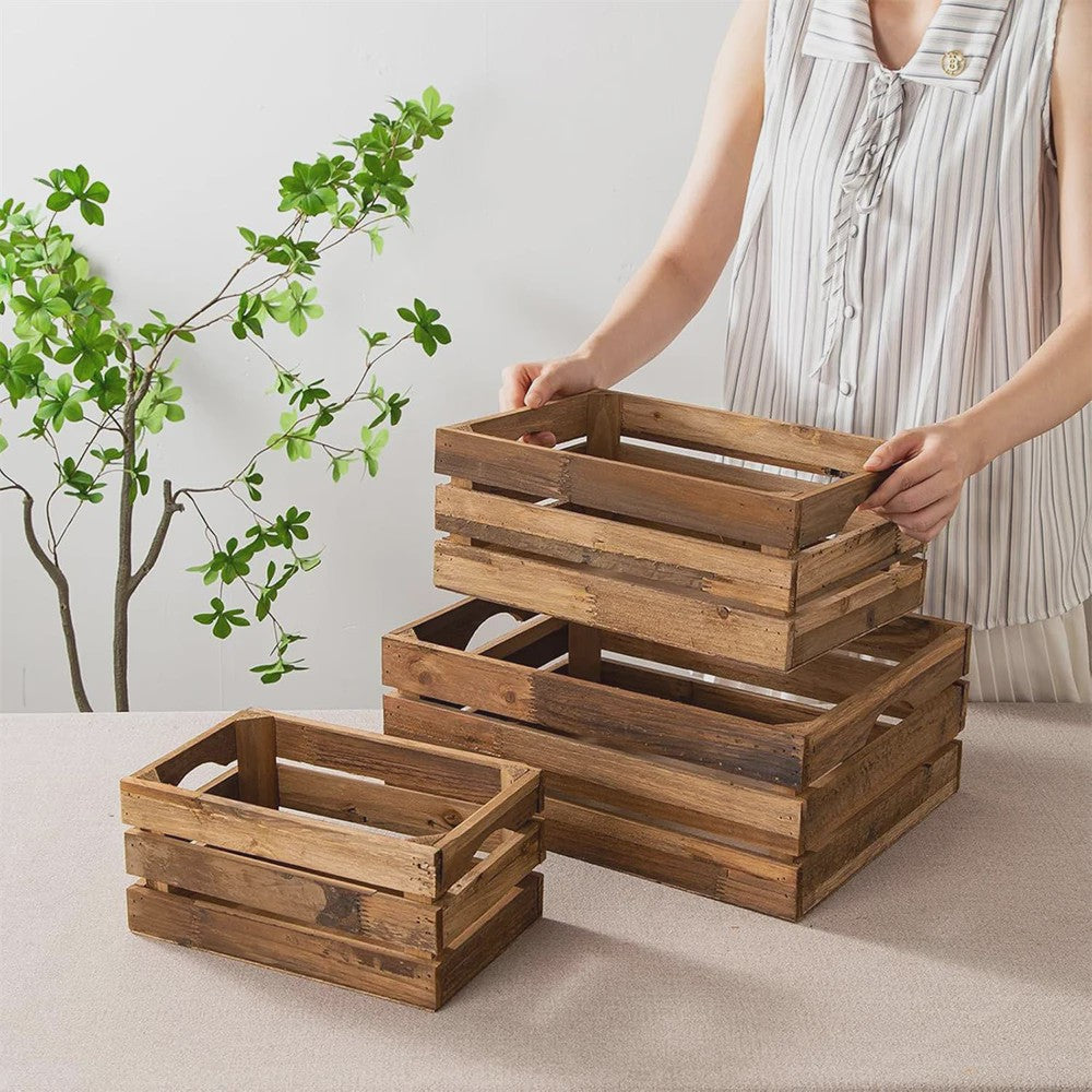 Set van 3 Rustieke Houten Opbergkratten - Nestbaar, Met Handvat