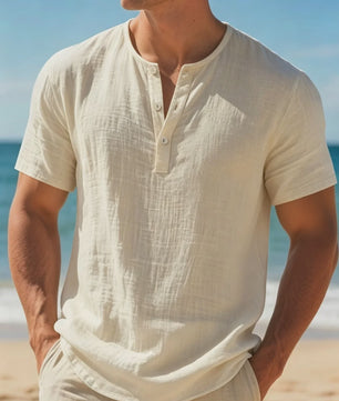Heren Katoen Linnen Henley T-shirt Korte Mouw - Lichtgewicht & Ademend voor Zomerse Casual Looks