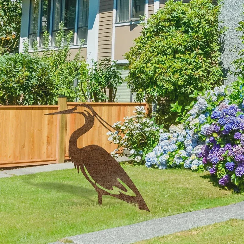 Roestkleurige Metalen Reiger Tuinbeeld - Stijlvolle Vogel Sculptuur voor Buiten