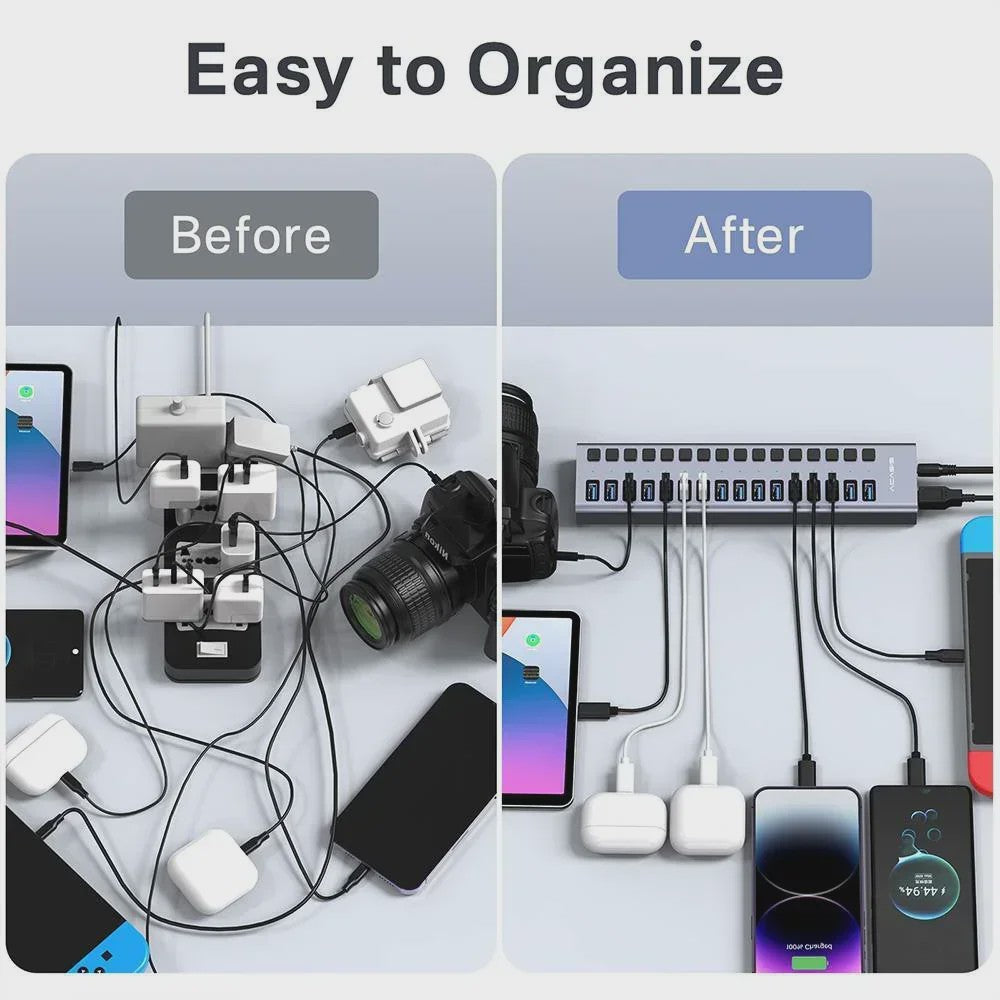 Acasis 16-Poorts USB Hub 10Gbps met Individuele Schakelaars & Snelle Data Transfer