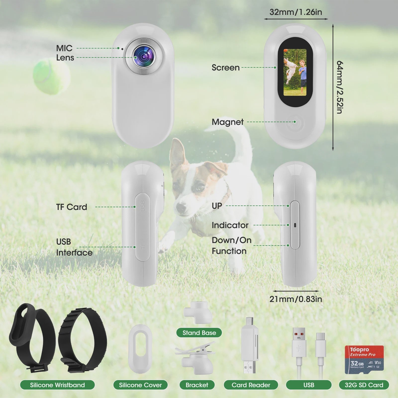 Mini Huisdier Camera voor Halsband - 1080P HD Actiecamera voor Hond & Kat, Brede Hoek, Inclusief 32GB SD Kaart