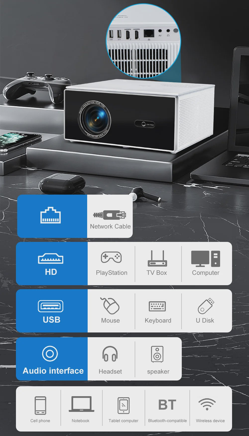 ThundeaL TDA7W 4K Projector: Full HD 1080P, Android 13, WiFi 6 & 32GB - Home Theater & Outdoor Bioscoop