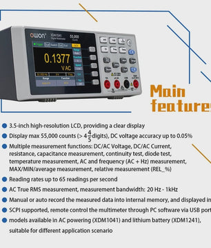 OWON XDM1041 Digitale Multimeter: 55000 Counts, True RMS, 3.5" LCD & USB