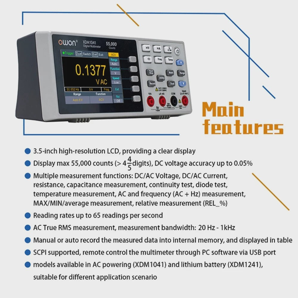OWON XDM1041 Digitale Multimeter: 55000 Counts, True RMS, 3.5" LCD & USB