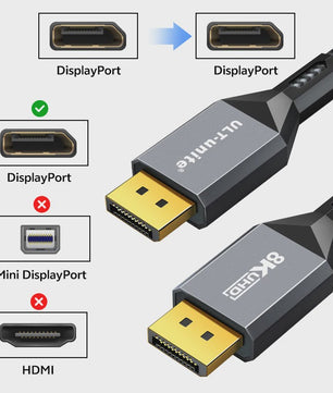 8K DisplayPort 1.4 Kabel - VESA Gecertificeerd voor Gaming, 8K60Hz, 4K240Hz, 2K360Hz
