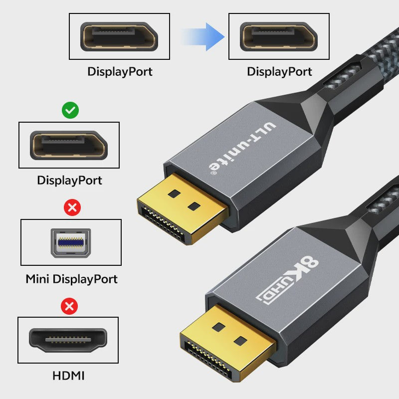8K DisplayPort 1.4 Kabel - VESA Gecertificeerd voor Gaming, 8K60Hz, 4K240Hz, 2K360Hz