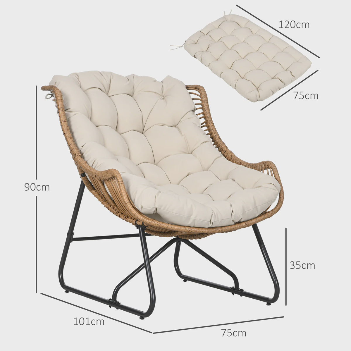 Outsunny Rotan Fauteuil met Dik Zitkussen - Comfortabele Tuinstoel tot 120 kg