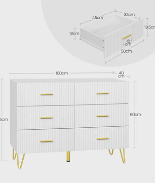 Witte Ladekast met 6 Lades - 100x75x40cm - Goudkleurige Poten - Sideboard voor Woonkamer & Slaapkamer