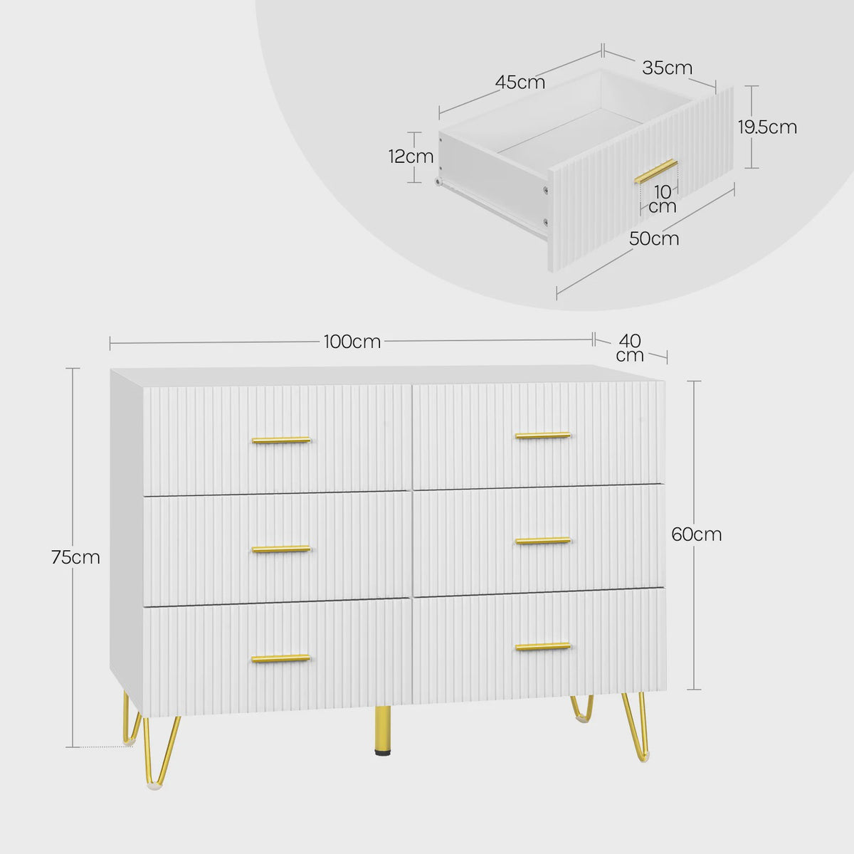 Witte Ladekast met 6 Lades - 100x75x40cm - Goudkleurige Poten - Sideboard voor Woonkamer & Slaapkamer