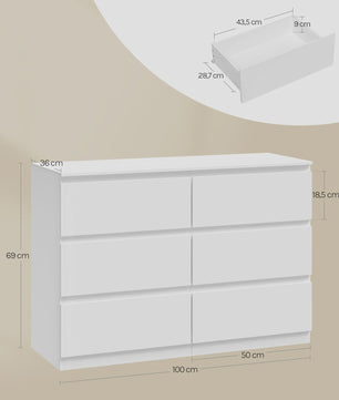 Witte Ladekast met 6 Lades - 100x69x36cm - Opbergkast voor Woonkamer & Hal