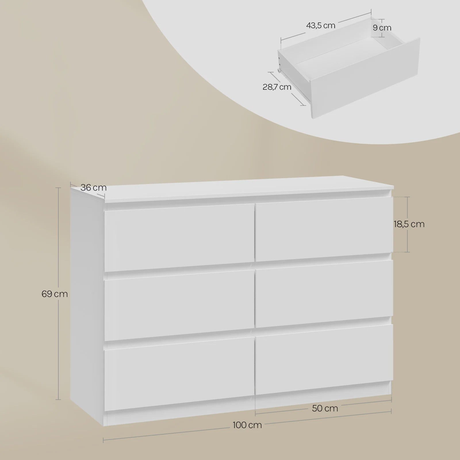 Witte Ladekast met 6 Lades - 100x69x36cm - Opbergkast voor Woonkamer & Hal