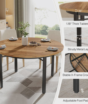 Ronde Eettafel 118cm - Rustiek Bruin & Zwart - Farmhouse Keukentafel met Metalen Poten