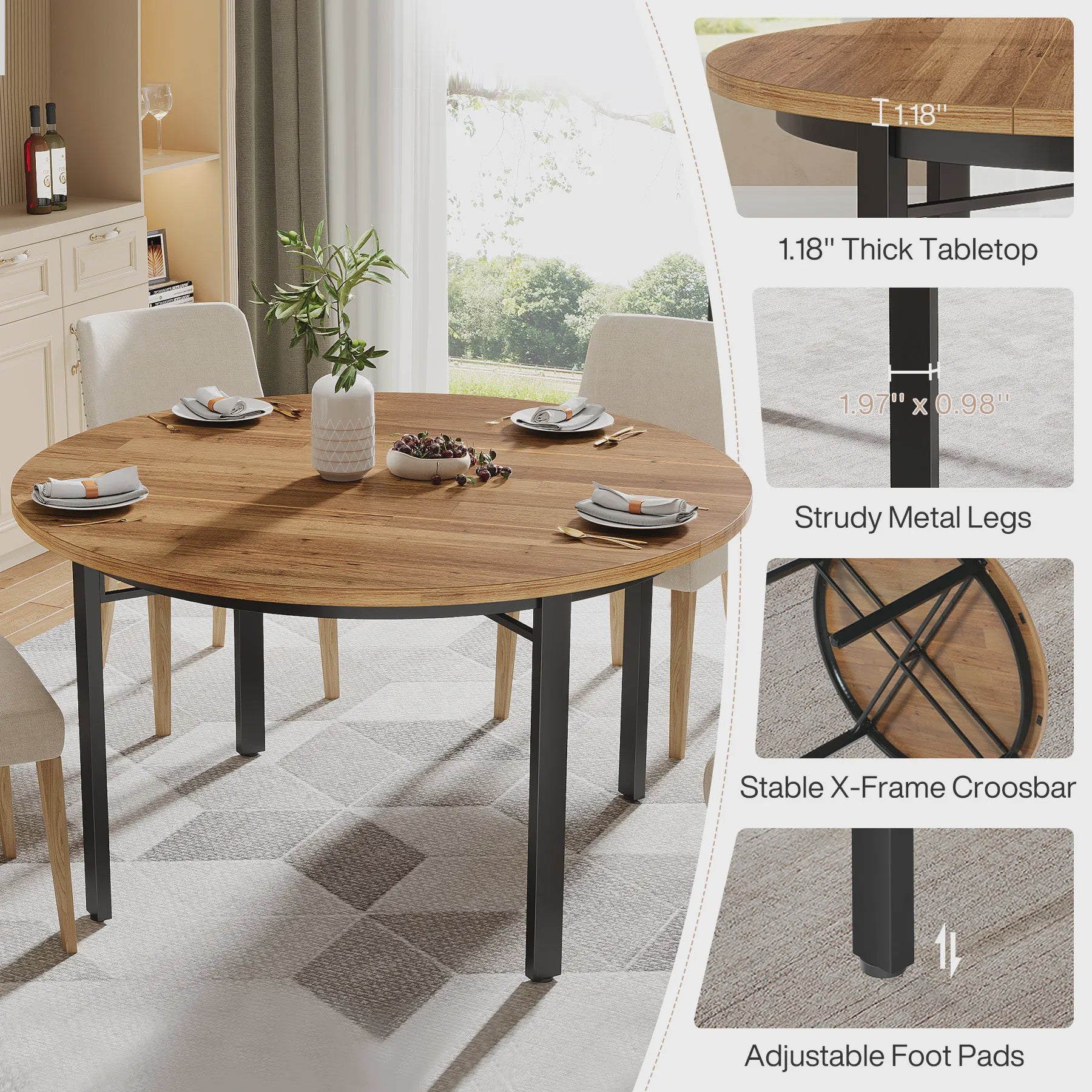 Ronde Eettafel 118cm - Rustiek Bruin & Zwart - Farmhouse Keukentafel met Metalen Poten