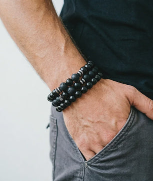 Set van 3 Heren Armbanden: Tijgeroog, Lavasteen & Onyx - Natuursteen