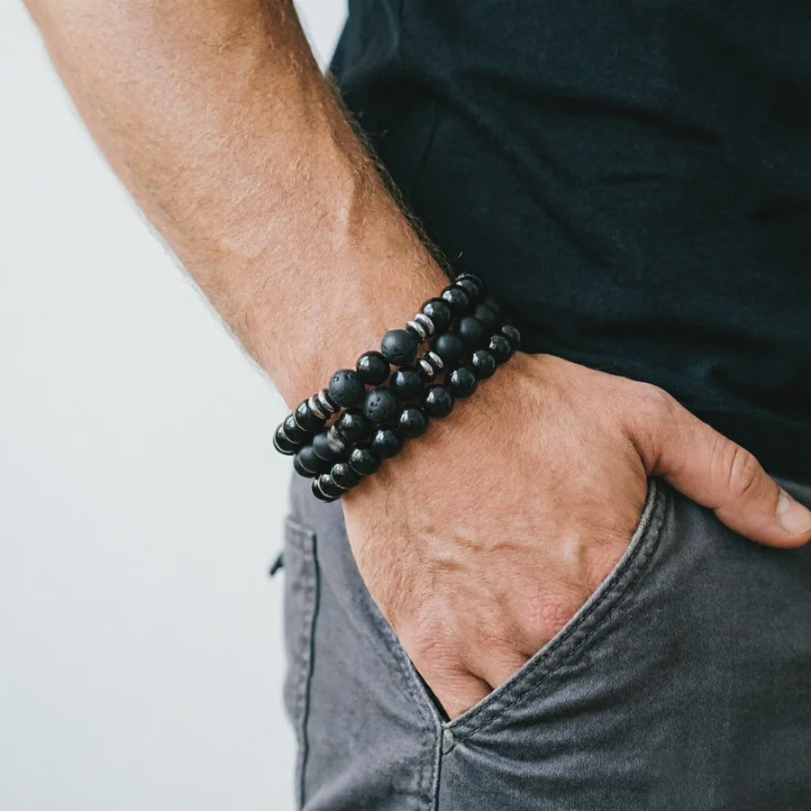 Set van 3 Heren Armbanden: Tijgeroog, Lavasteen & Onyx - Natuursteen