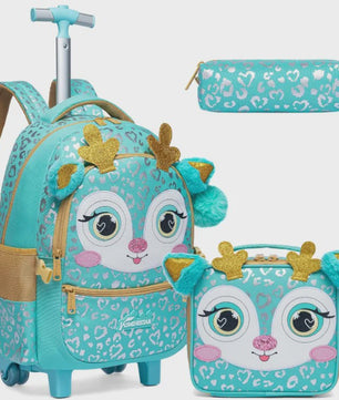 3-delige Kinder Trolley Rugzak Set met Wieltjes, Lunchtas en Etui - Meisjes